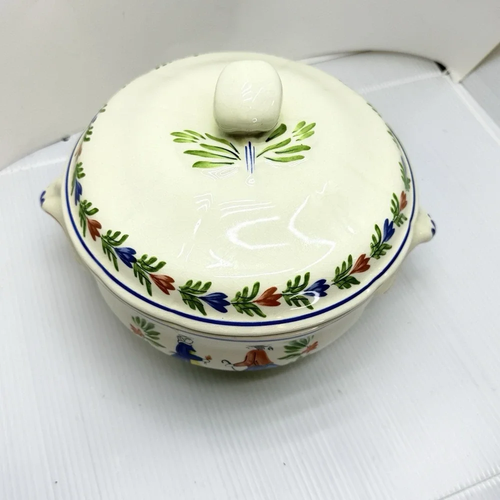 Rare Quimper Style French Château Lidded Serving Dish Covered Hand Painted 9